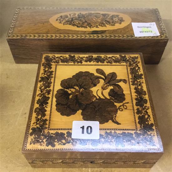 Tunbridge Ware rosewood glove box & a maple rectangular box with oak leaf border